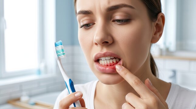 Close up of a woman noticing inflamed and bleeding gums during dental care