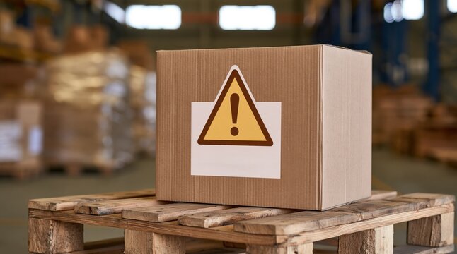 Cardboard box with warning sign on wooden pallet in warehouse