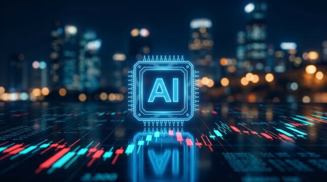 Technology enhances financial analysis and trading strategies for future investment growth with an AI emblem.