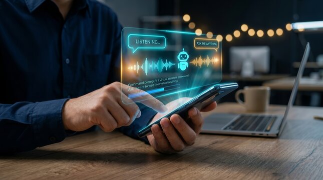 Mobile device user engaging with conversational AI featuring voice waveforms and virtual assistant interface.