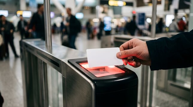 Person scanning a blank white access card at an electronic gate terminal