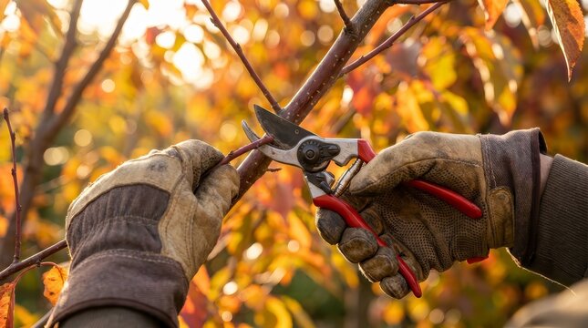 Close up of pruning tree branches to improve structure during autumn season.