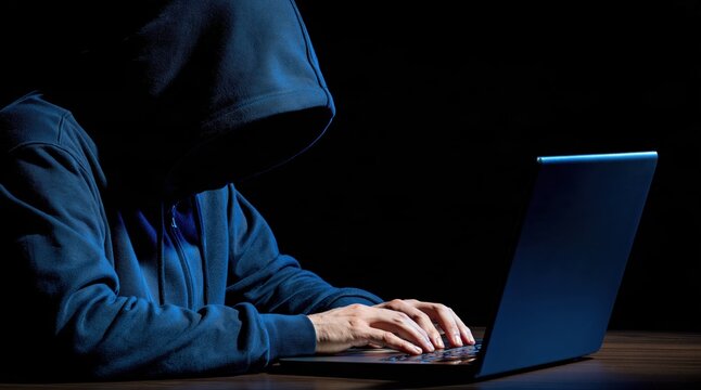 Anonymous hacker in hoodie typing on laptop in dark