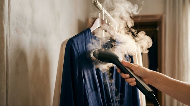 Person steaming a blue silk blouse with a handheld garment steamer