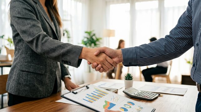 A businesswoman and businessman handshake as trusted partners in a professional office.