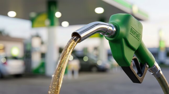 Golden liquid ethanol biofuel flowing from a green eco-friendly fuel nozzle.