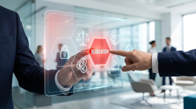 Corporate regulations and compliance concepts displayed on a futuristic digital touch interface.