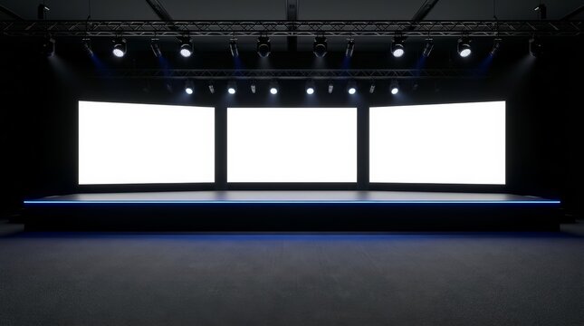 Meeting event scene with empty stage platform elements in a hall.