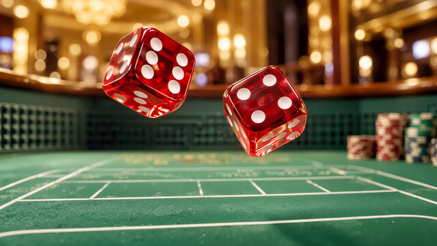 Red Dice Rolling in Mid-Air on Green Craps Table with Casino Chips and Luxury Lights Bokeh