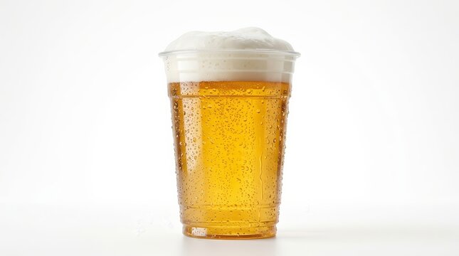 Cold draught beer with foam in a disposable plastic cup against white.