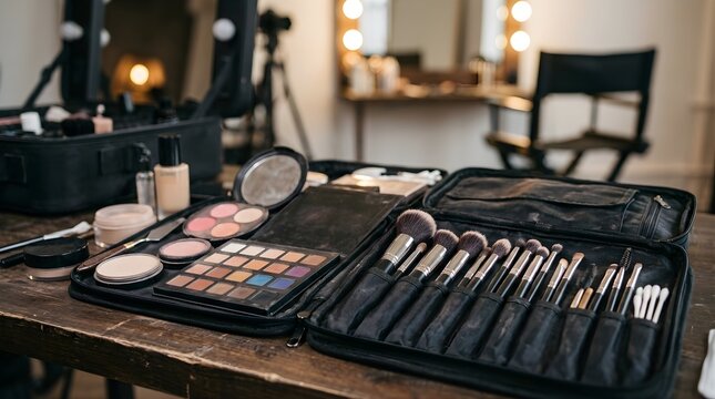 Professional makeup artist kit with beauty tools on a table in a salon