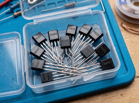 Assorted bipolar junction transistors in plastic storage box for electronic hobbyist work.