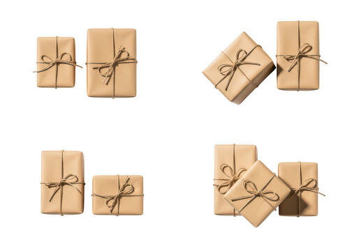 Small cardboard gift boxes wrapped with brown paper string isolated on transparent background