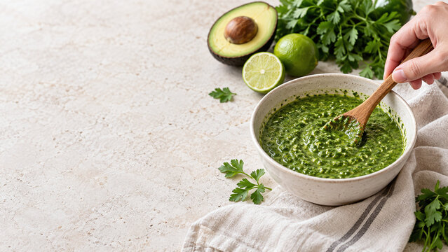 Hand stirring green herb sauce with avocado and lime
