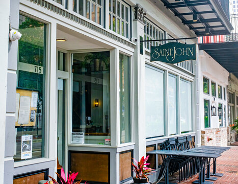 New Orleans, LA, USA - June 7, 2026: Front of St. John Restaurant, a Creole restaurant on St. Charles Avenue in Downtown New Orleans 