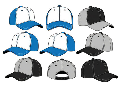 Set of baseball caps and trucker hats in different views isolated on transparent background