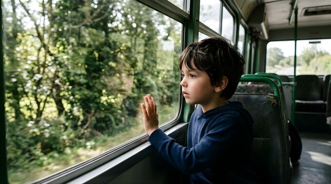 Young boy looking out a bus window during a scenic journey