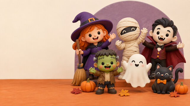 Cute Clay Halloween Monsters Witch Vampire Mummy and Ghost Figurines
