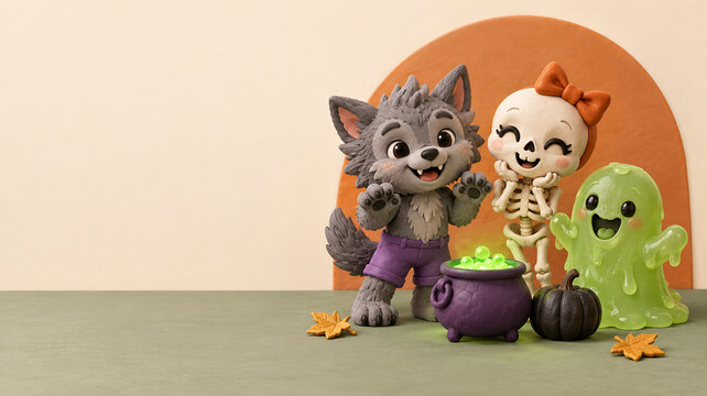 Cute Halloween Clay Figurines Werewolf Skeleton and Slime Ghost with Cauldron