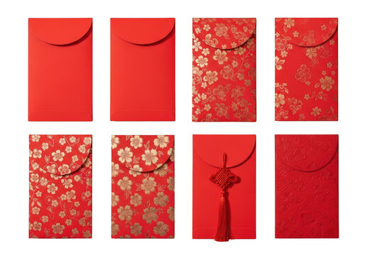 Set of red envelopes for chinese new year celebration isolated on transparent background