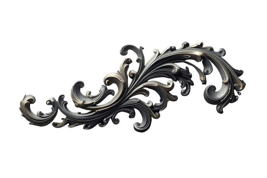 Curving silver scroll ornament with leaflike details