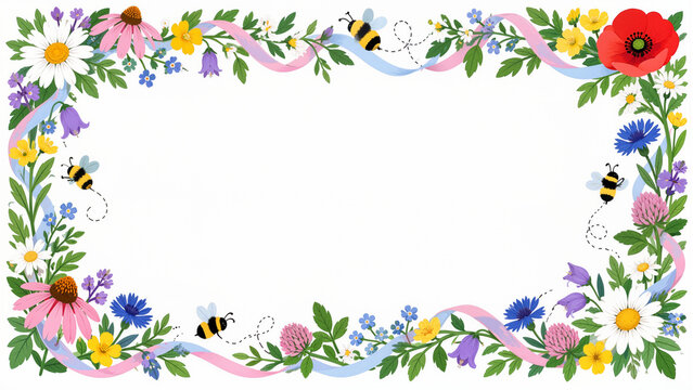 Spring Wildflower Border Frame with Flying Honey Bees, Colorful Floral Blossoms, Leaves, and Pastel Ribbons on White Background with Copy Space
