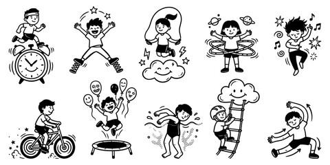 Fototapeta premium Active energetic kids playing sports and having fun set, running, jumping rope, hula hoop, bicycle, trampoline, and gymnastics vector