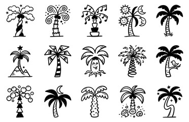 Obraz premium Abstract stylized palm trees doodle icons set, creative tropical coconut palms, geometric summer beach flora, music notes, and starry night vector