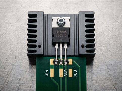 Voltage regulator lm7805 on a black heatsink attached to a green printed circuit board.