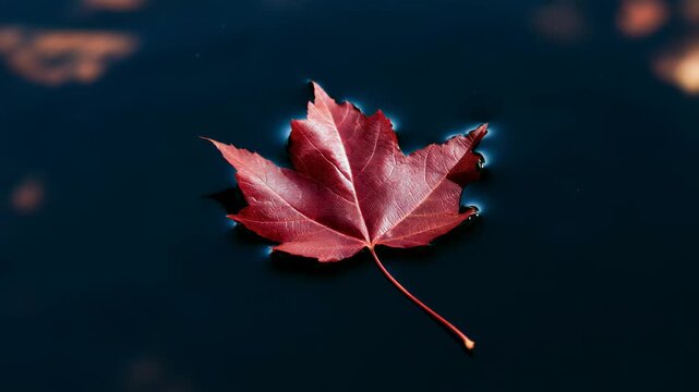 Red maple leaf floating on dark water with ripples. Autumn leaf drifting on pond surface. Fall season nature background with water waves and reflection concept.