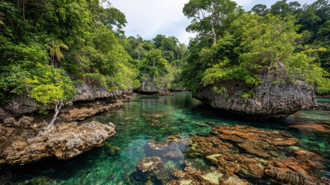 Tropical Paradise Cove: Crystal clear turquoise water laps gently against rocky shores covered in lush green vegetation and ancient trees, hinting at a hidden paradise.