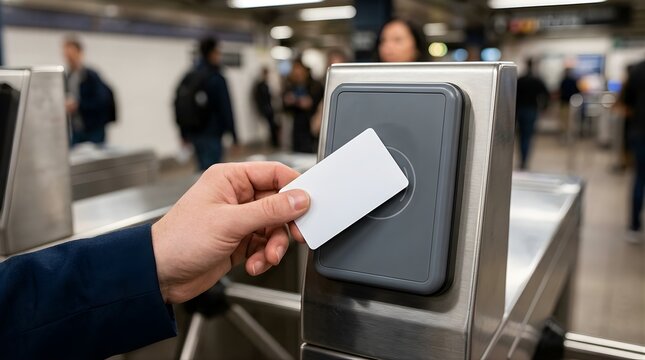 Hand tapping white access card on electronic transit turnstile reader