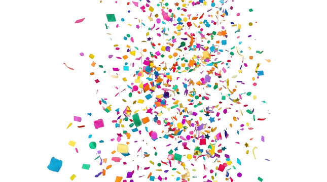 Colorful confetti falling isolated on a black background for festive party celebration designs