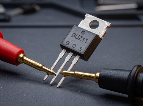 BUZ11 power mosfet being tested with red and black multimeter probes on a dark surface.