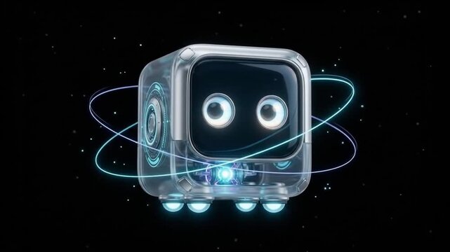 Futuristic robot cube with glowing eyes floating in space for sci-fi tech and AI concept design