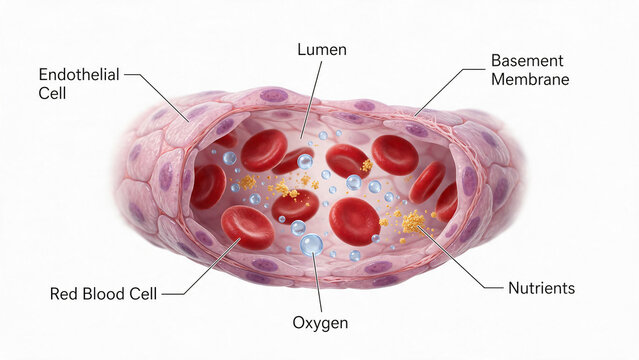 Close up view of small blood vessel with red blood cells oxygen and nutrients.