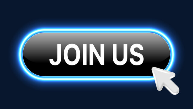 Join Us Neon Glow Button with Mouse Cursor, Call to Action Web Banner and Online Membership Click Interface