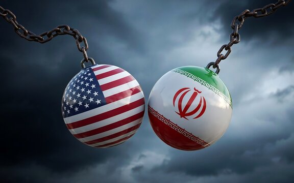 United states and iran flag spheres on chain political and international relations concept