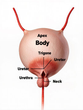 Anatomical diagram of human urinary bladder showing apex body trigone neck urethra and ureters labeled.