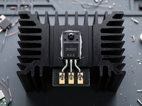 Power transistor 2N3055 mounted on large black heatsink for cooling.