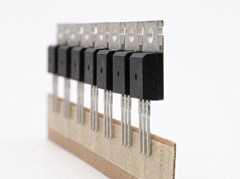 Row of identical black electronic transistors in packaging on white background.