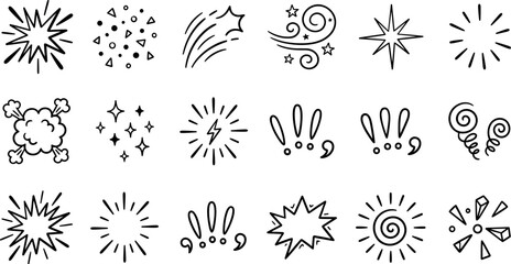 Vector collection of hand drawn comic explosion effects doodle sparkle starburst flash and emphasis line elements isolated on white background © MstHura