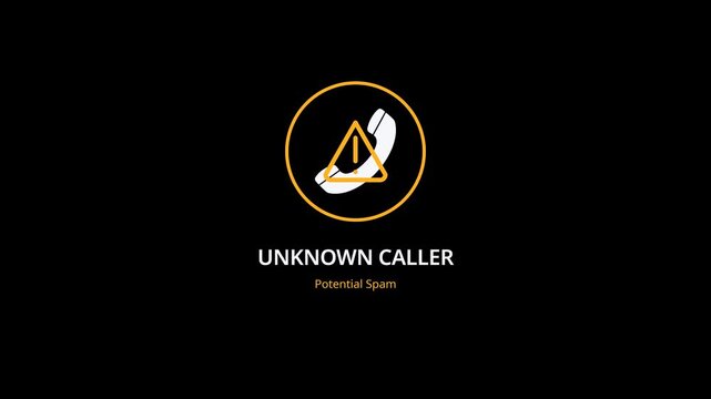 Motion graphic icon of a telephone handset with a yellow warning triangle displaying unknown caller and potential spam alert.