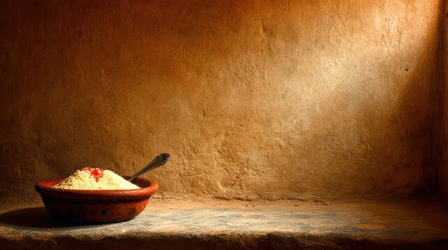 Simple Sustenance: A humble clay bowl filled with grainy food and a hint of red topping sits on a stone ledge, bathed in a solitary beam of light against a textured wall.