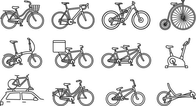 Vector collection of line art bicycle icons featuring mountain road vintage penny farthing delivery tandem and stationary bike models isolated on white background