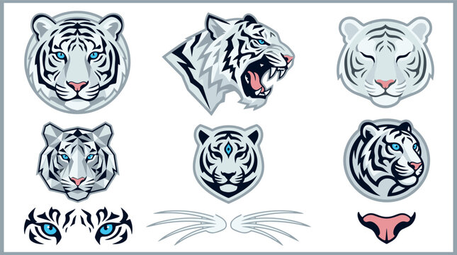 White tiger head mascot and emblem vector icon set featuring blue-eyed portraits roaring profile low poly design stripes whiskers and mouth graphic