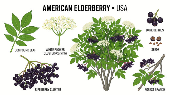 Very beautiful realistic vector set of American Elderberry Shrub, compound leaves, white flower clusters, dark berries, seeds and forest branches. Label: "AMERICAN ELDERBERRY &bull; USA" no gradient, white