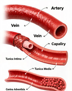Anatomical comparison of blood vessels showing artery vein and capillary wall layers.