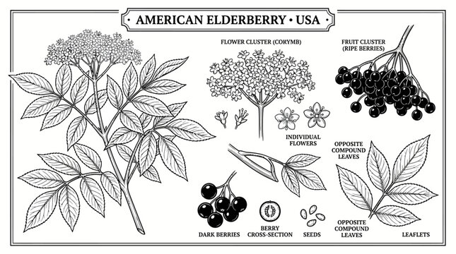 Very beautiful black and white vector set of American Elderberry Shrub, leaves, flower clusters, dark berries, seeds and forest branches. Label: "AMERICAN ELDERBERRY &bull; USA" no gradient, white backgrou