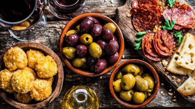 Tapas Platter Delight: A rustic wooden table showcases a delectable assortment of Spanish tapas, featuring olives, cured meats, cheese, and fried delicacies, perfect for sharing and savoring.